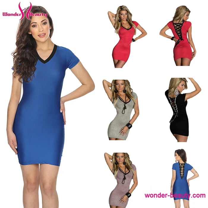 

Wonder Beauty 6 Color Women Fashion Short Sleeve Mini Bodycon Cocktail Party V-Neck Dress, Red, gray, black, apricot, blue,