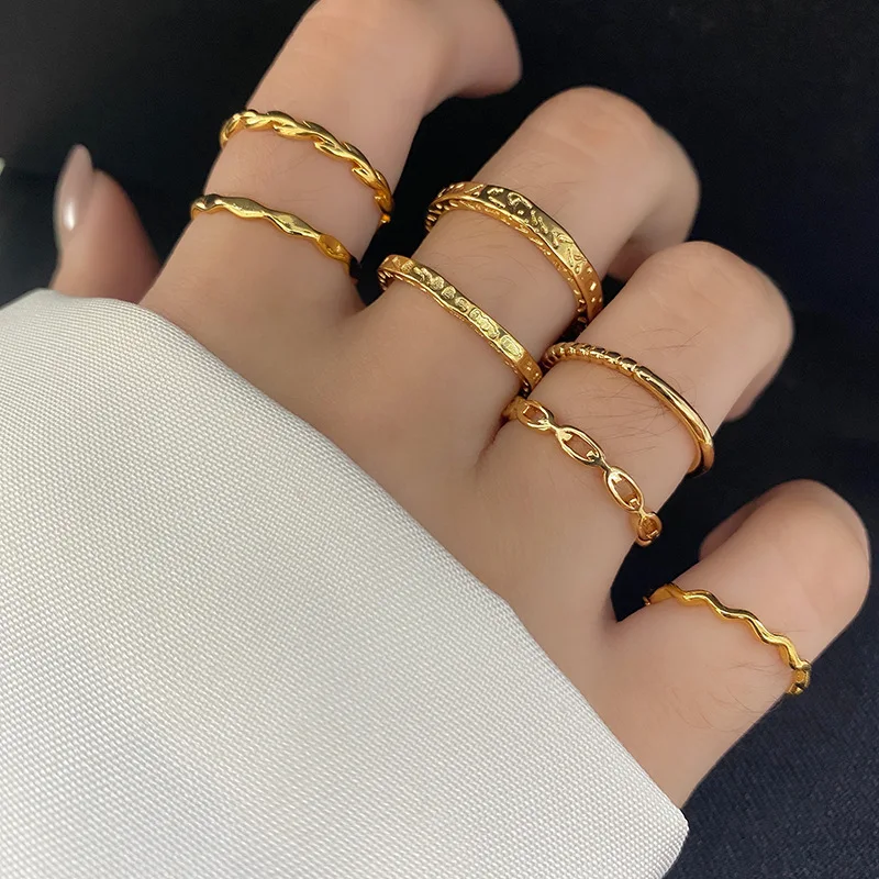 

Korean Style Band Jewelry 18K Gold Hollow Bamboo Joint Ring Gold Plated Wave Shape Index Finger Ring for Women, Silver gold