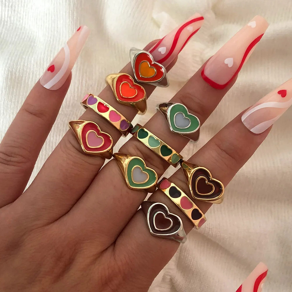 

Cheap Jewelry Korean Trendy Heart Enamel Rings Set For Women Fashion Double Love Heart Y2k Chunky Rings, Mixed color