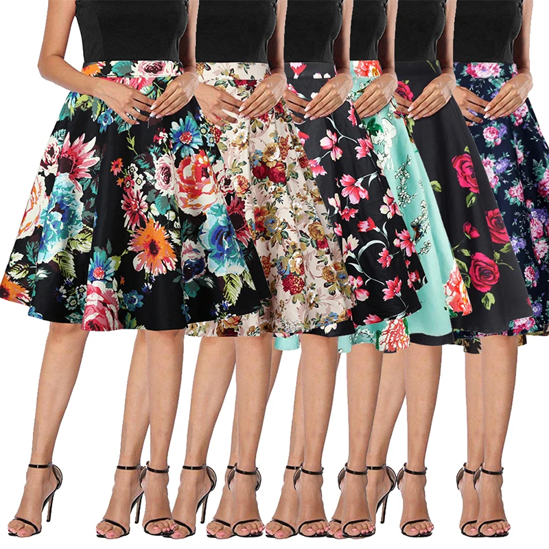 

Women Floral Printing Designs Elegant A-line Pleated Skirt High Quality Skirt
