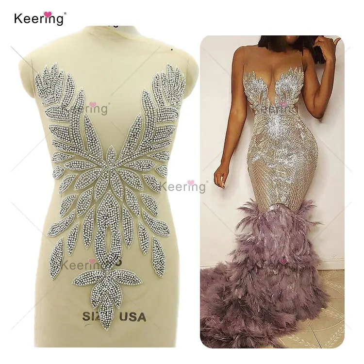 

Keering accesorios de vestido de boda front large leaf rhinestone applique patch for wedding lace dress WDP-388, Sliver or custom