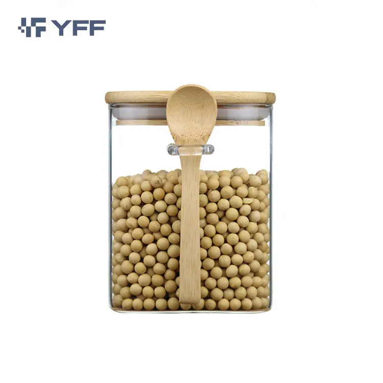 

High Borosilicate Glass Storage Round Square Container Jars with Bamboo Wooden Cork Lids, High transparency