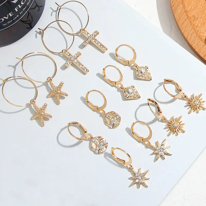 

2021 Trendy Bling Crystal Womens Jewelry Starfish Cross Earrings Gold Plated Pendant