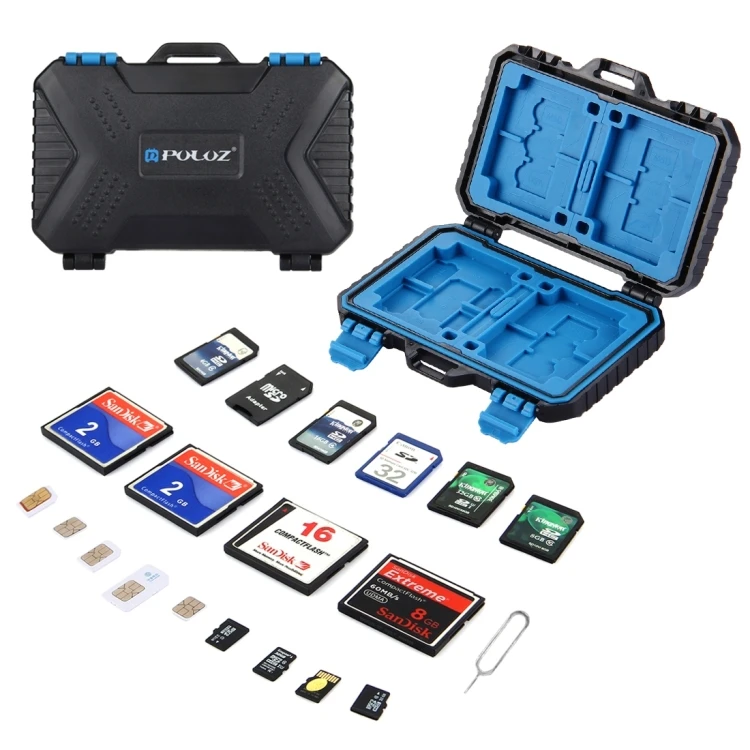 

Wholesales PULUZ memory card box can hold 27 kinds of cards:4CF + 8SD + 9TF + 1Card PIN + 1Standard SIM + 2Micro-SIM + 2Nano-SIM