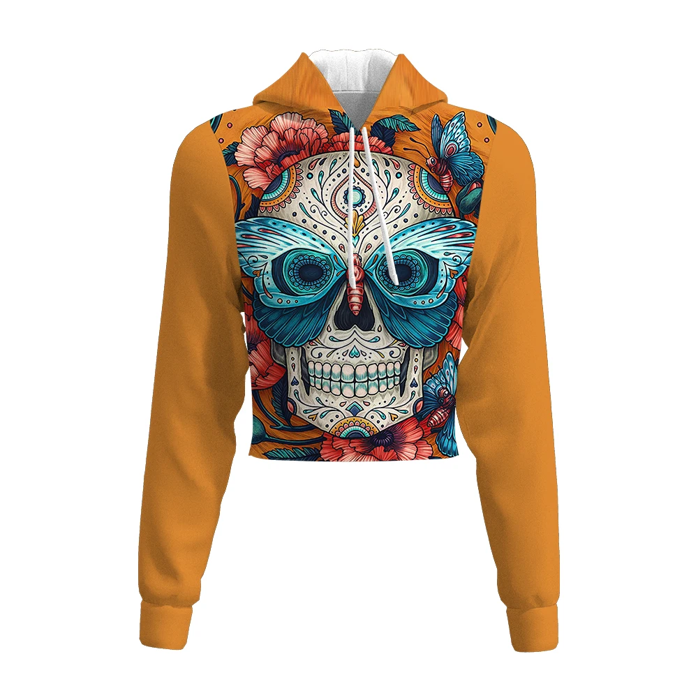 

Yoycol Drop Shipping Clothing 3d Customized Printed Orange Crop Hoodie Skull Crop Top Hoodie, Customized color