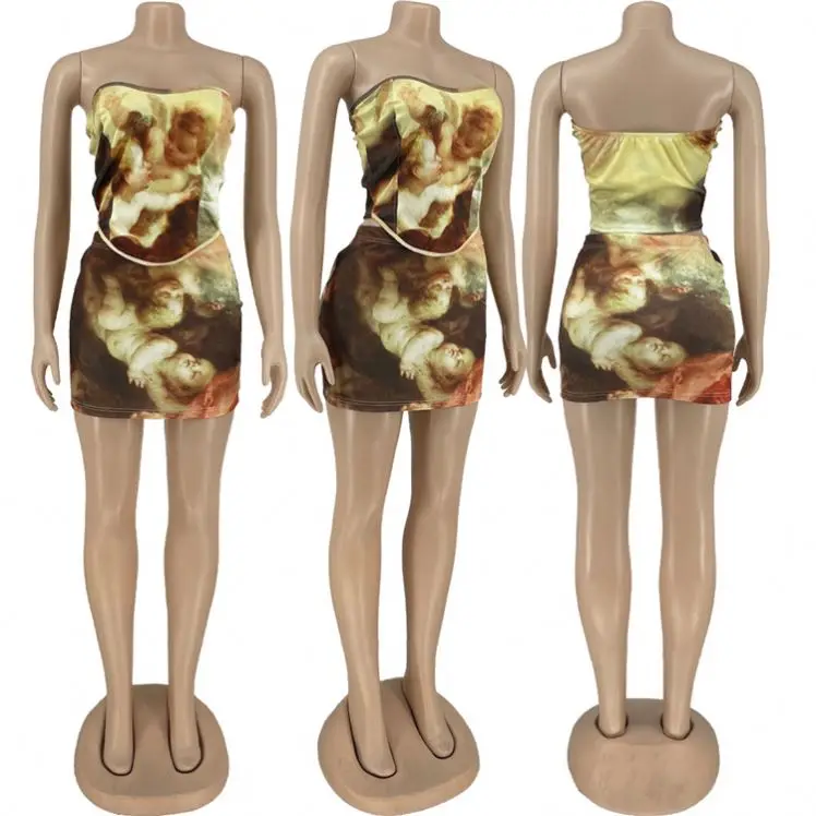 

2021 Sexy Summer Casual Mini Tube Skirt Set Beachwear Bodycon Bandage Two Piece Short Outfit Elegant Ladies Dresses Clothing