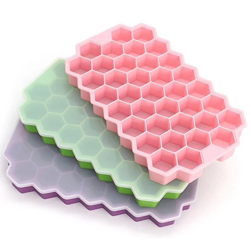 

BPA Free Food Grade Eco-friendly Honeycomb Shape 37 Holes Silicone Ice Cube Tray Mold With Lids, Pink, green, blue