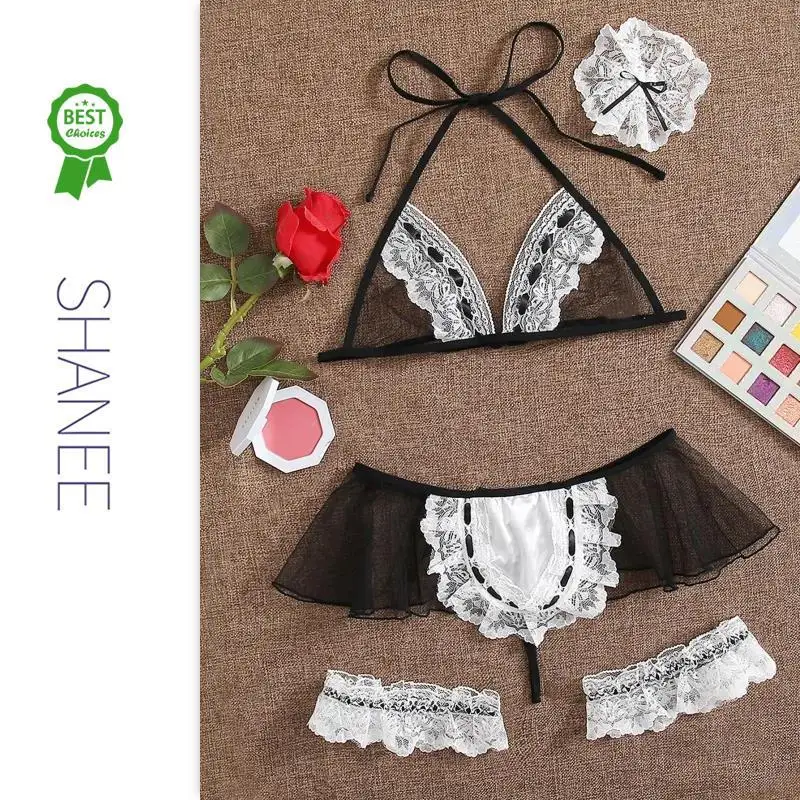 

SHANEE 4pack Mesh Lace Trim Maid Costume Set For Women SL2103719-SLC