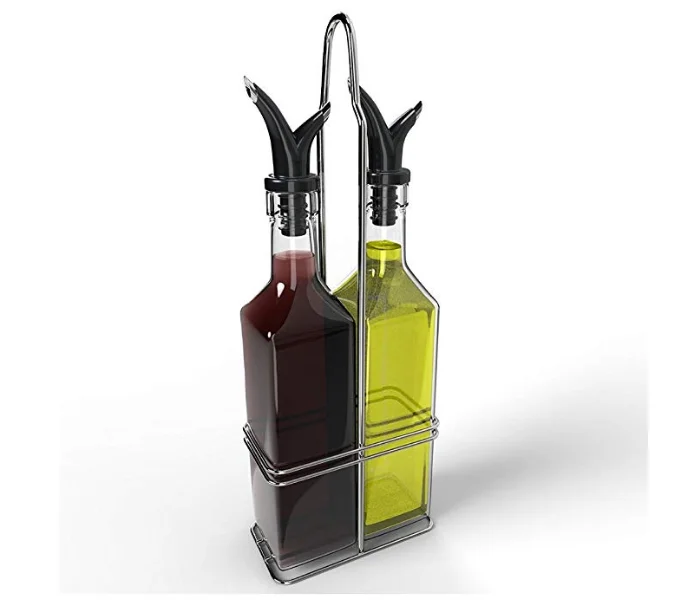 

Oil and Vinegar Bottle Set with Stainless Steel Rack and Removable Cork Dual Olive Oil Spout Olive Oil Dispenser 17oz Olive, Customized