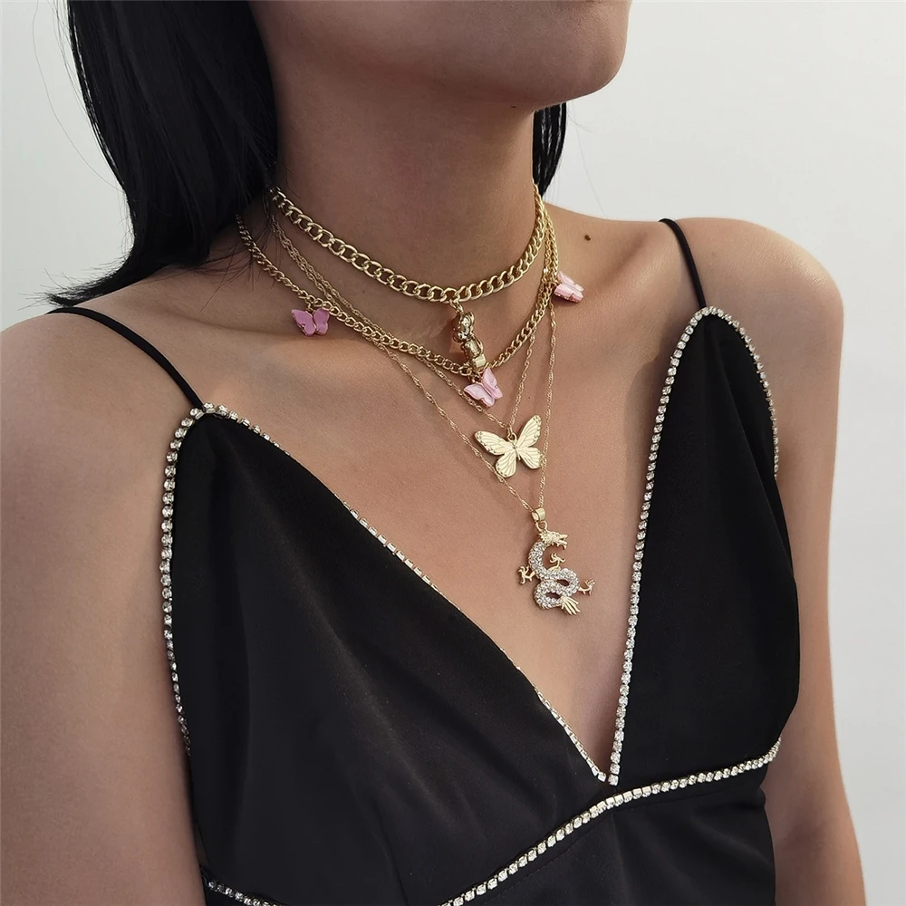 

Hip hop butterfly multi layer handmade necklace punk dragon curved micro inlaid Pendant Necklace