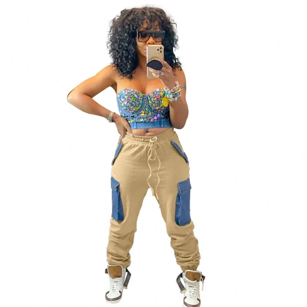 

HS Girls' High Waist Pants Trousers Leggings Sweat Pants Patchwork Track Jogger Cheap Cargo Pants For Women