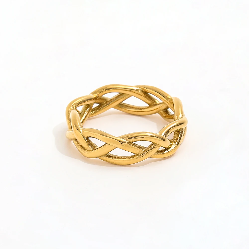 High End 18K Gold Plated Stainless Steel Jewelry Unisex Trendy Hollow Knit Rings with Link Chain for Parties and Gifts