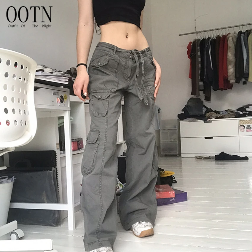 

OOTN Harajuku Vintage 90S Aesthetic Low Waist Trousers Wide Leg Baggy Jeans Straight Oversize Pants Y2K Pockets Cargo Pants