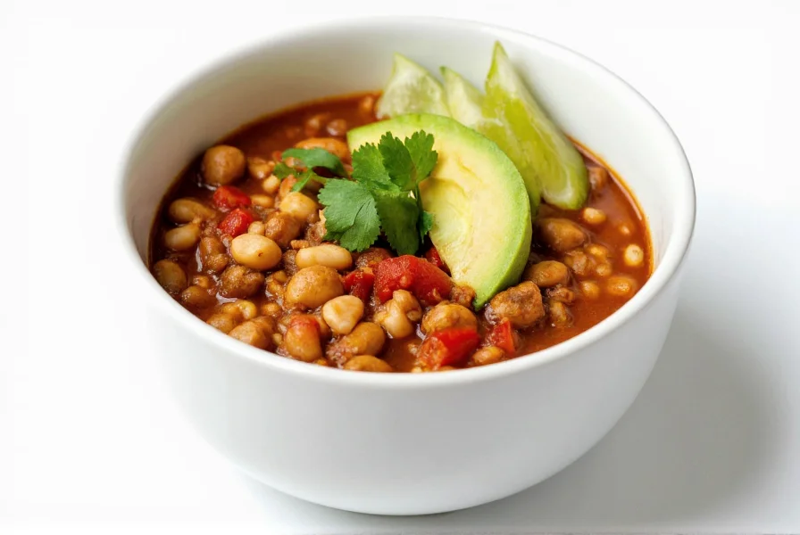 Finished chicken white bean chili served in bowl with avocado, cilantro, and lime wedges on white background
