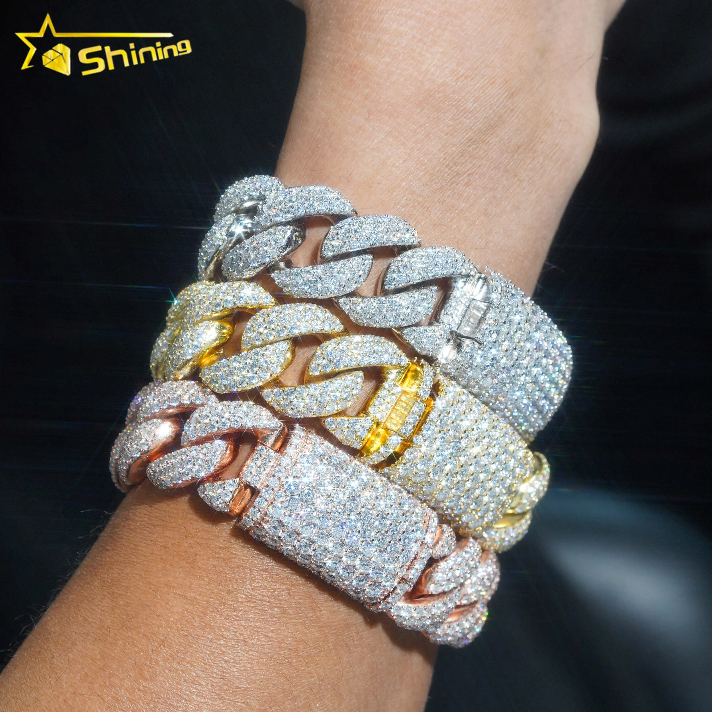 

Hip hop iced out 925 silver 20mm solid heavy miami moissanite bracelet men gold plated cuban link chain