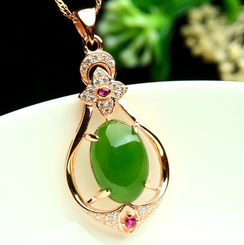 

Silver plated rose gold inlaid jade pendant fashion women Hotan jade necklace
