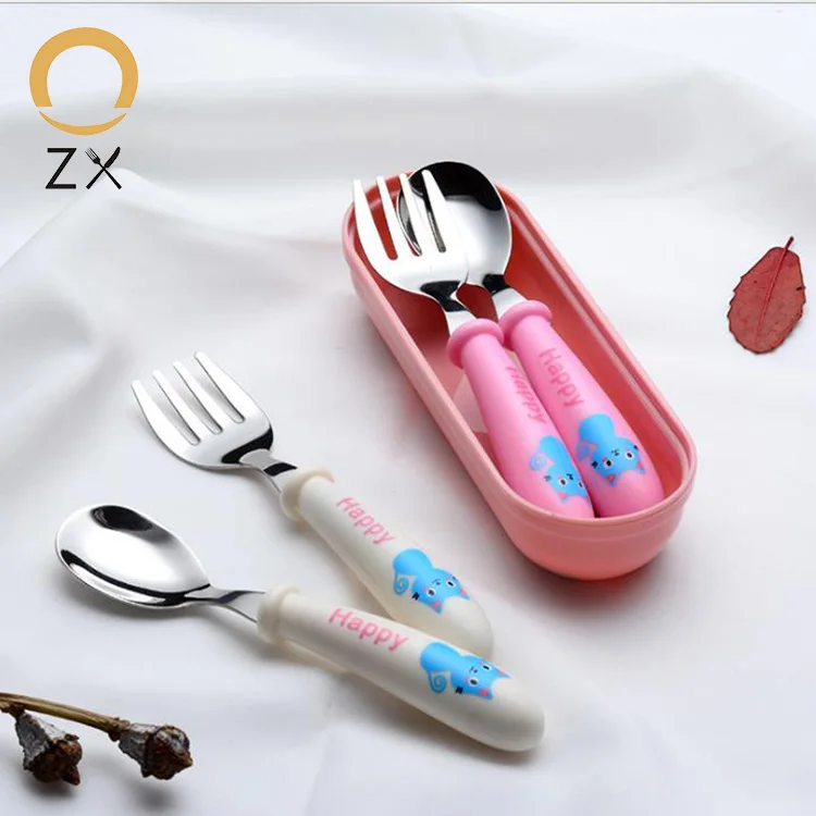 

Amazon hot sell 2pcs baby fork spoon lovely children stainless steel travel portable cutlery set, Pink,white