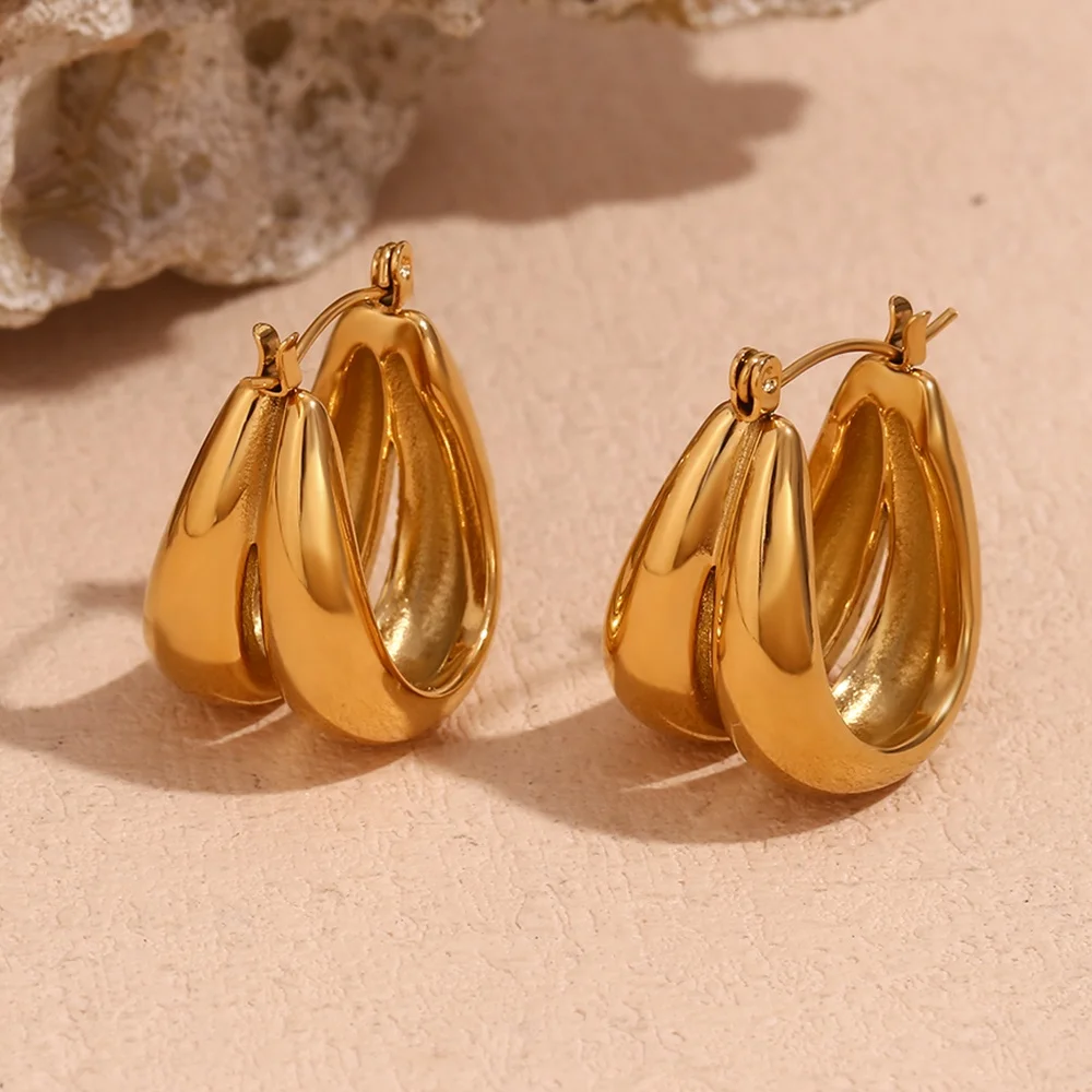 

Double Layer Gold Plated Earrings U Shape Chunky Hoop Earrings Stainless Steel Women Jewelry