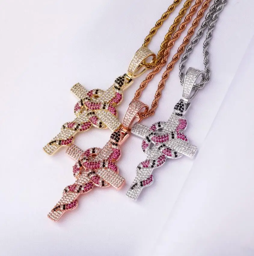 

Coral Snake With Cross Pendant Hiphop Iced Out Multi Colored Zircon Bling Snake Cross Necklace