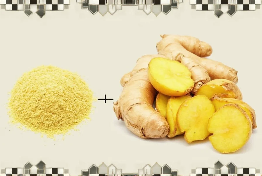 Side-by-side comparison of fresh ginger root and ground ginger powder with measuring spoons