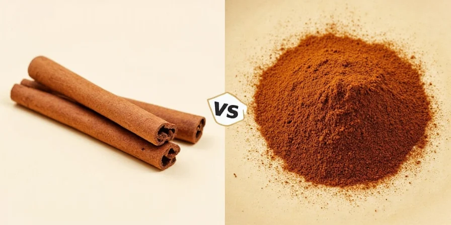 Close-up of various spices including cinnamon sticks and powder