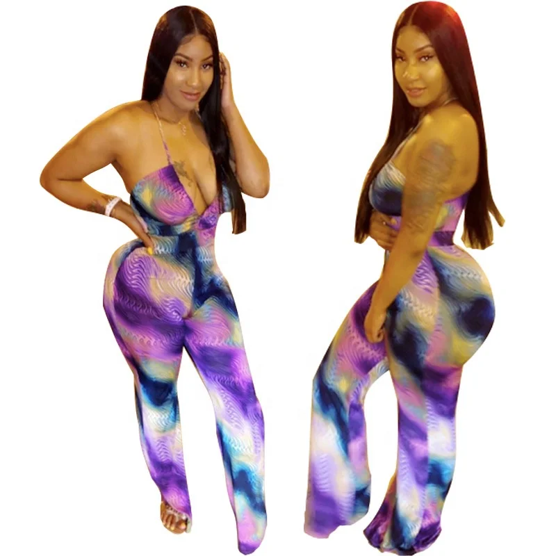 

B62160A Woman Rainbow Color Printed Elegant Sleeveless Backless Halter sexy deep V-neck casual Loose Jumpsuits, Picture color