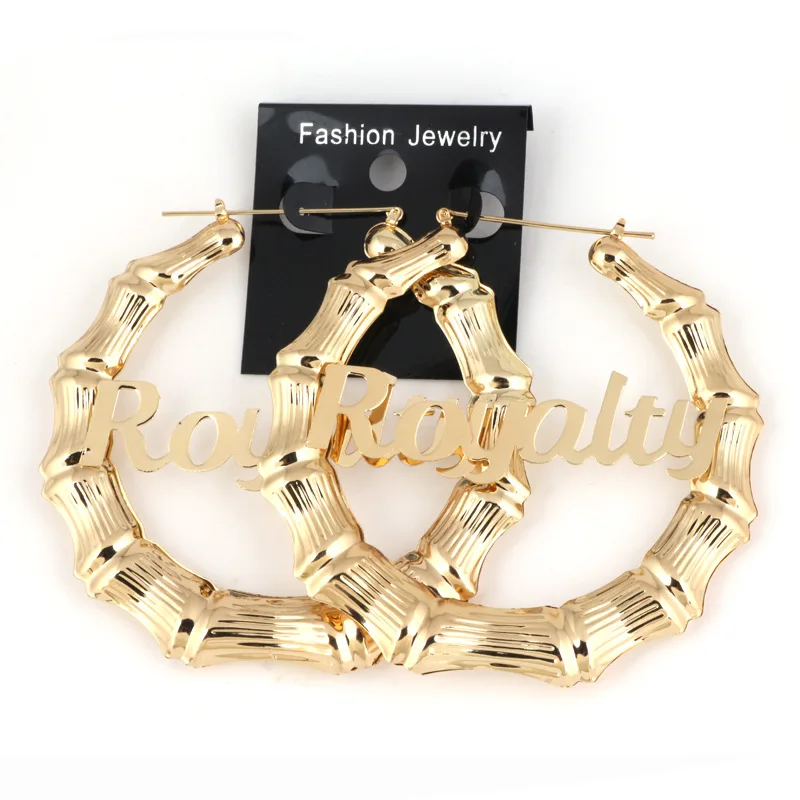 

9cm big round bamboo hoop earrings exaggerated large earring English letter Royalty gold color hoop earrings (KER530), Same as the picture