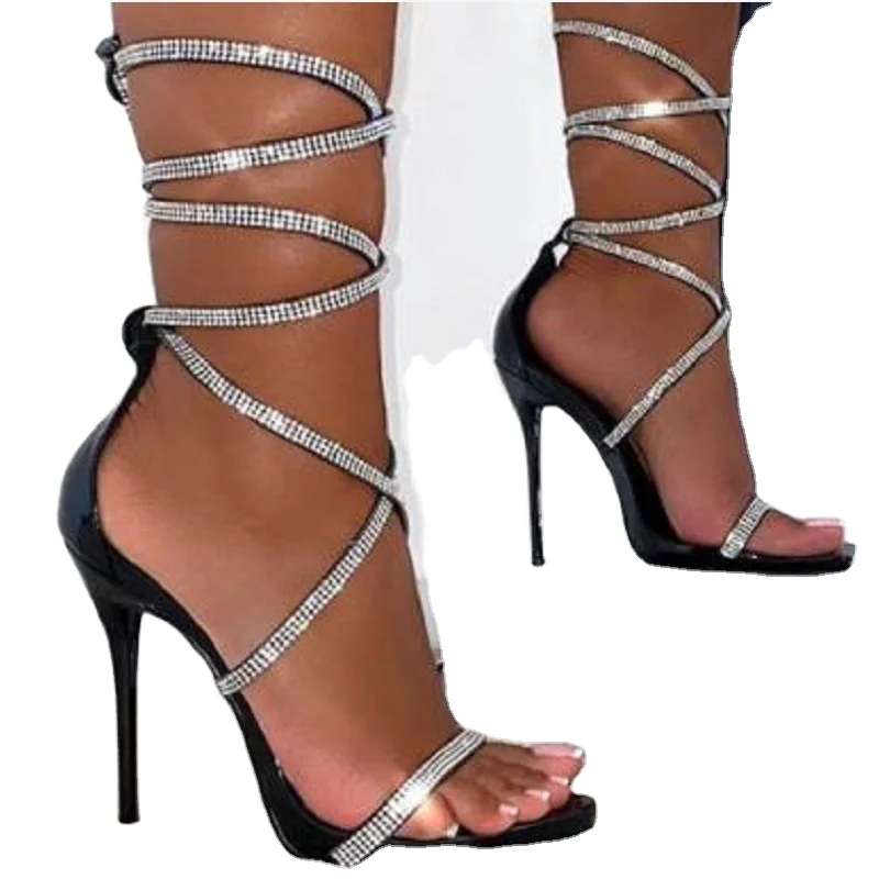 

2022 New Large Size Women's Shoes Rhinestone Strap Roman High Heel Sandals