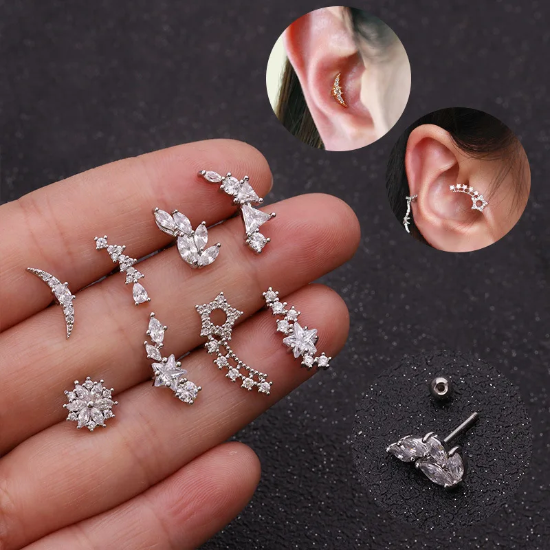 

Stainless Steel Fashion Piercing Jewelry Women CZ Flower Tiny Stud Outer Helix Tragus Conch Earrings