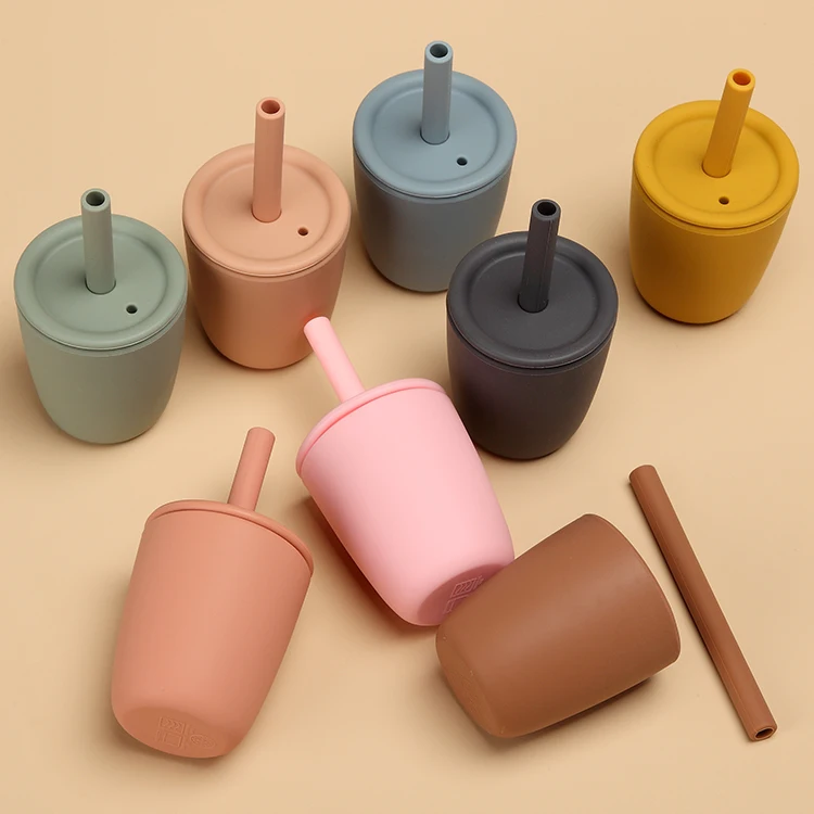 

2020 New Product Custom Reusable BPA Free Silicone Baby Toddler Training Cups with Straw and round lid, Apricot,sage,ether,dark grey,clay etc