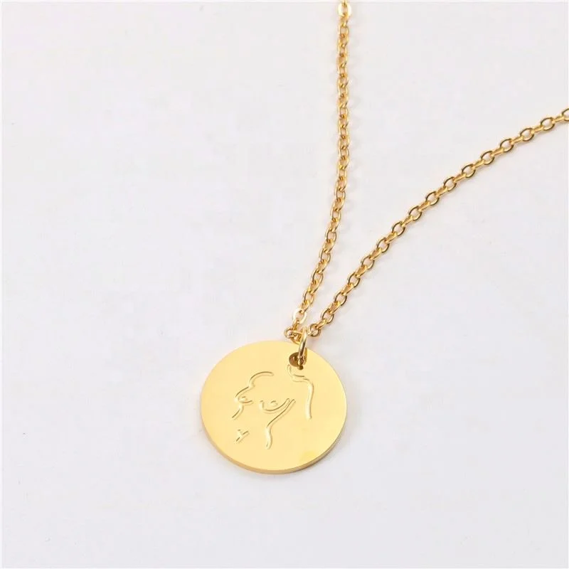 

Tarnish Free 18k Gold Plated PVD Engraved Abstract Body Necklace Stainless Steel Round Pendant Necklace Jewelry