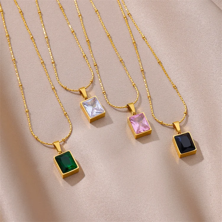 

Wholesale New 18k Gold Luxury Dainty Titanium Steel French Square Colorful Zircon Pendent Necklace