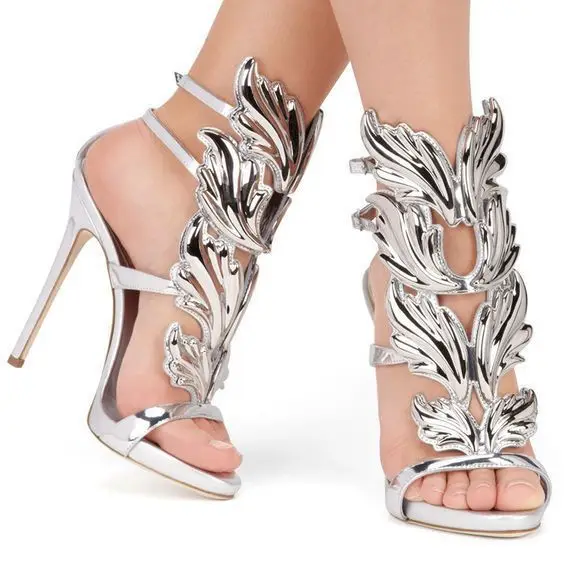 

European and beautiful women shoes metal wings stiletto super high heel fashion sandals plus size women's shoes, Different colors and support to customized