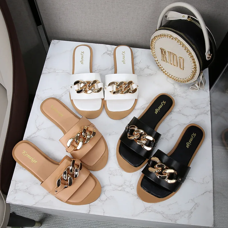 

New Design Chain Female Shoes Round Toe Casual Plus Size Ladies Flats Personalized Bath Slippers