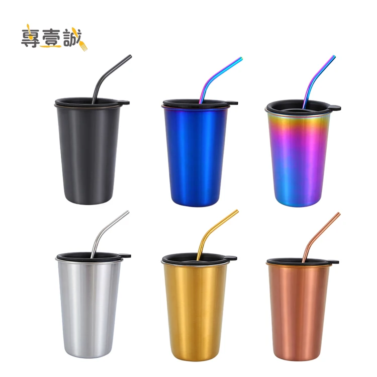 

500 ml Travel Beer Mug Stainless Steel Tumbler Pint Cups With Straw And Lids