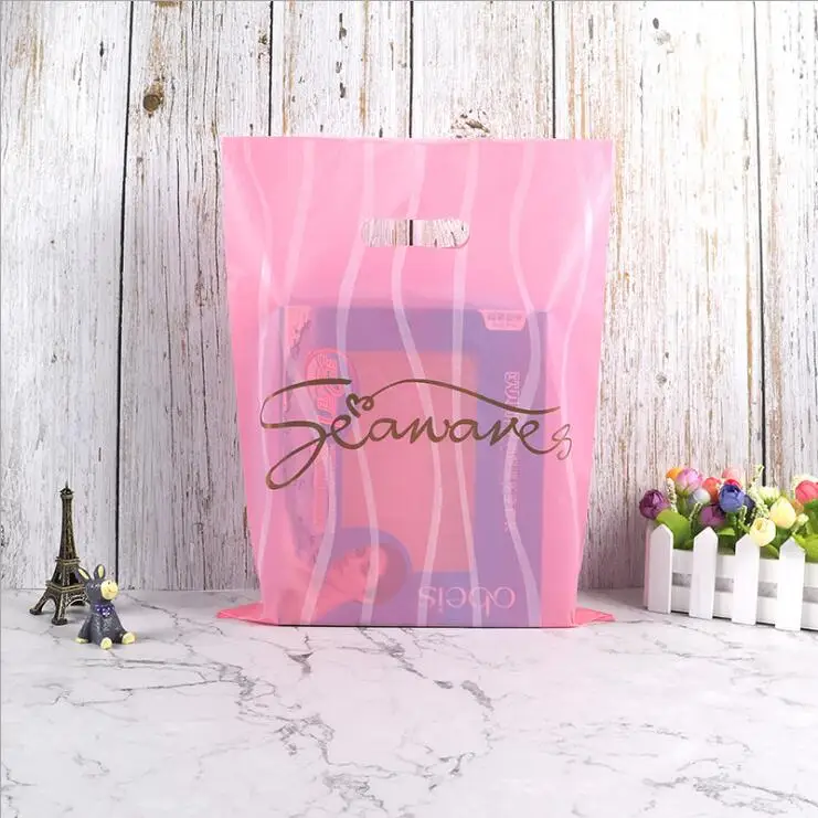 
customized plastic bags printed own logo, biodegradable plastic bags pink die cut handle 