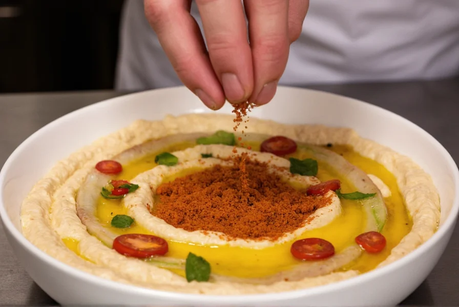 Chef's hand sprinkling Aleppo pepper substitute blend over finished dish of hummus and vegetables