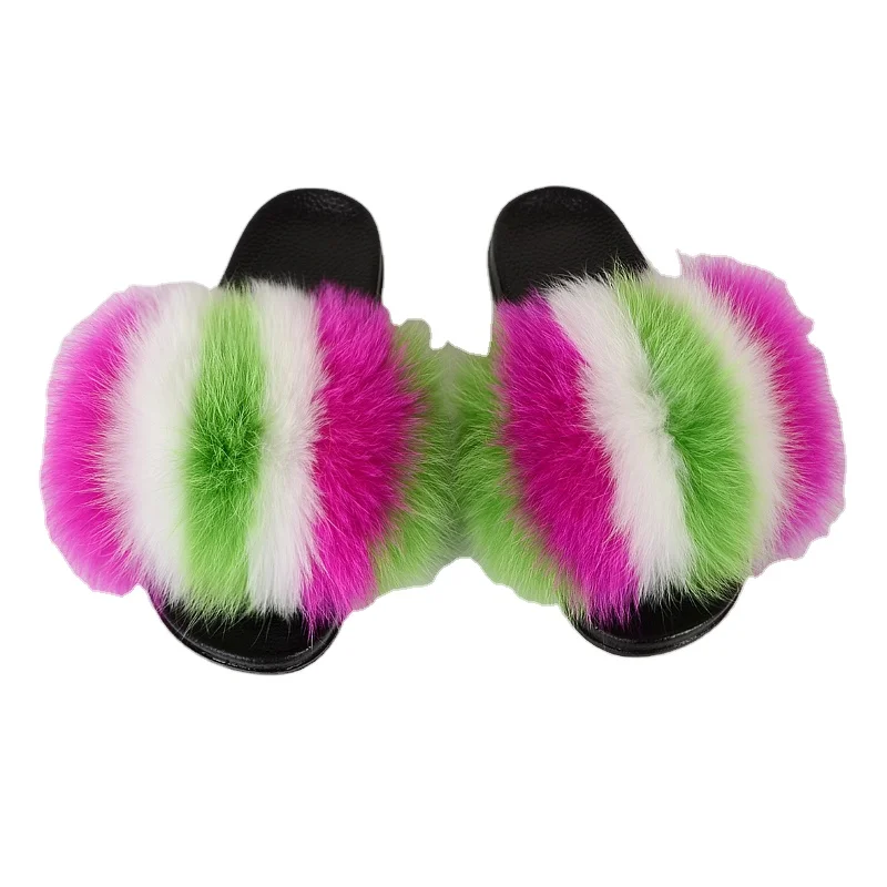 

Jtfur Women Wholesale PVC Fur Slides Fluffy Colorful Fashion Ladies Plush Fox Fur Slippers, Customized color