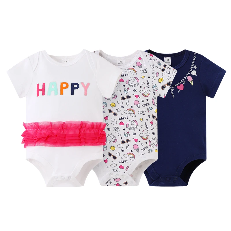 

Wholesale Boutique Body Suit 3in1 Short Sleeve Newborn Baby Clothing Cotton Baby Rompers Boy Girls, As pictures