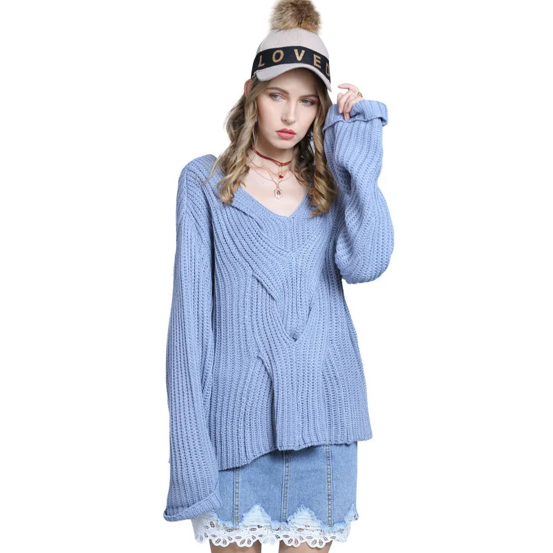 

2021 autumn winter new loose V-neck women's sweater flare sleeve solid color Pullover Sweater casual girls' sweaters