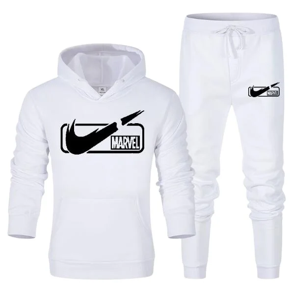 

2020 plus size men's autumn pullover sports suit hooded color matching printed jogging two-piece suit