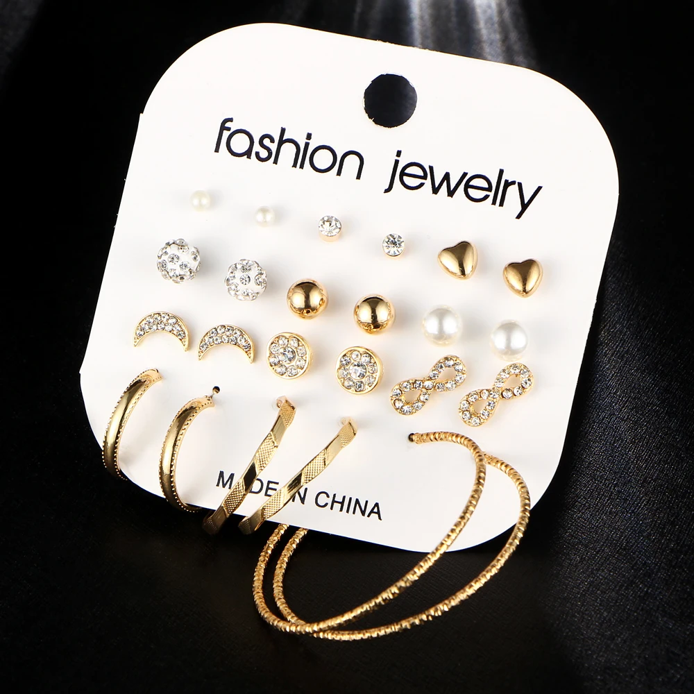 

Fashion Hoop Stud Earring Set for Women Heart Ball Infinity Pearl Charms Jewelry Gold Plated Alloy Hot Selling