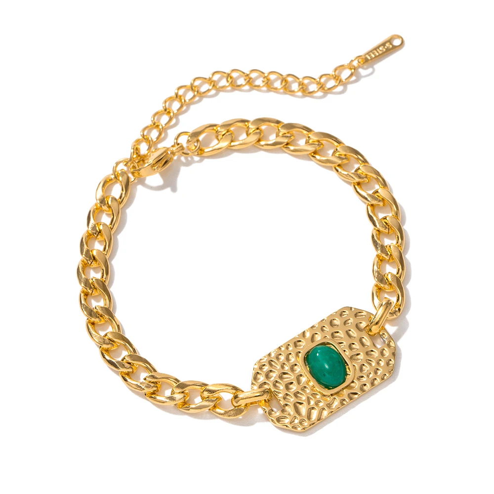 

Fashion Jewelry 18k Gold Plated Stainless Steel Texture Oval Shape Green Stone Bracelet for Girls