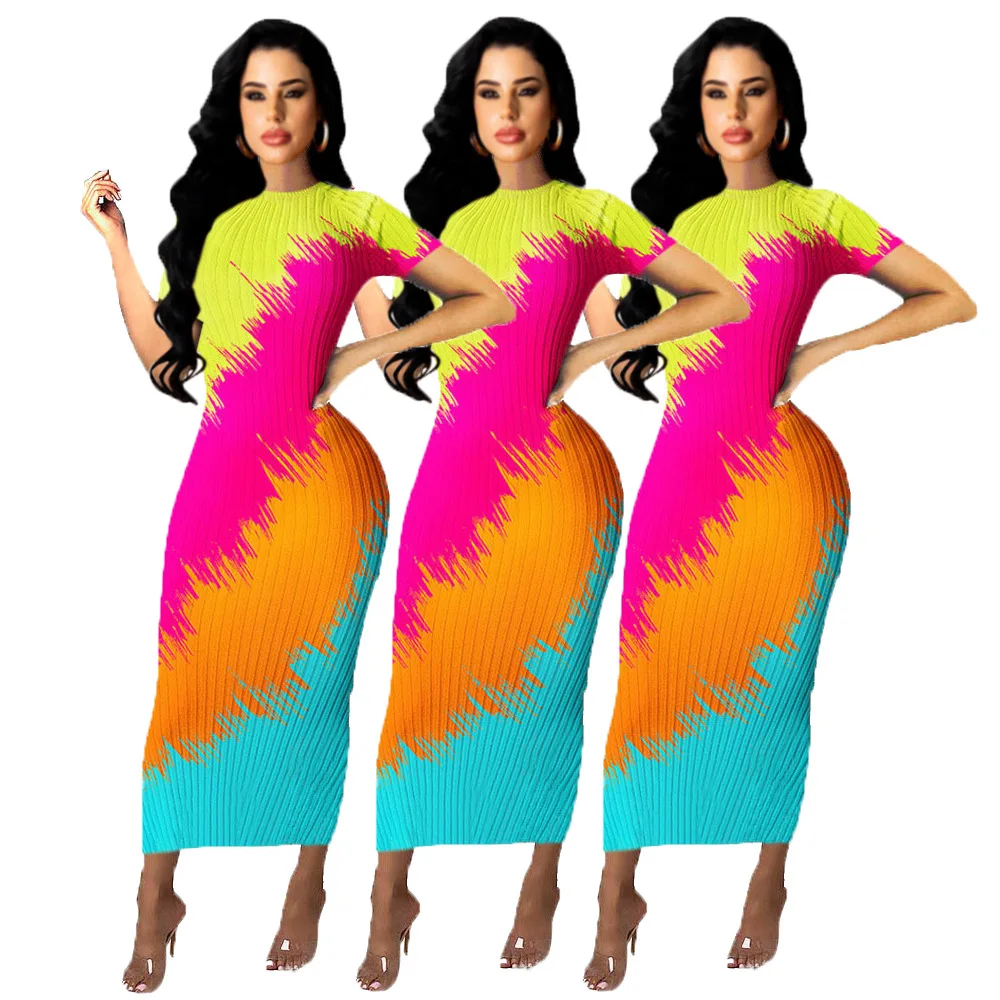 

2021 Latest Design Summer Bodycon Casual Colourful Printing Elegant Long Maxi Ladies Dresses African Classy Women Clothinging