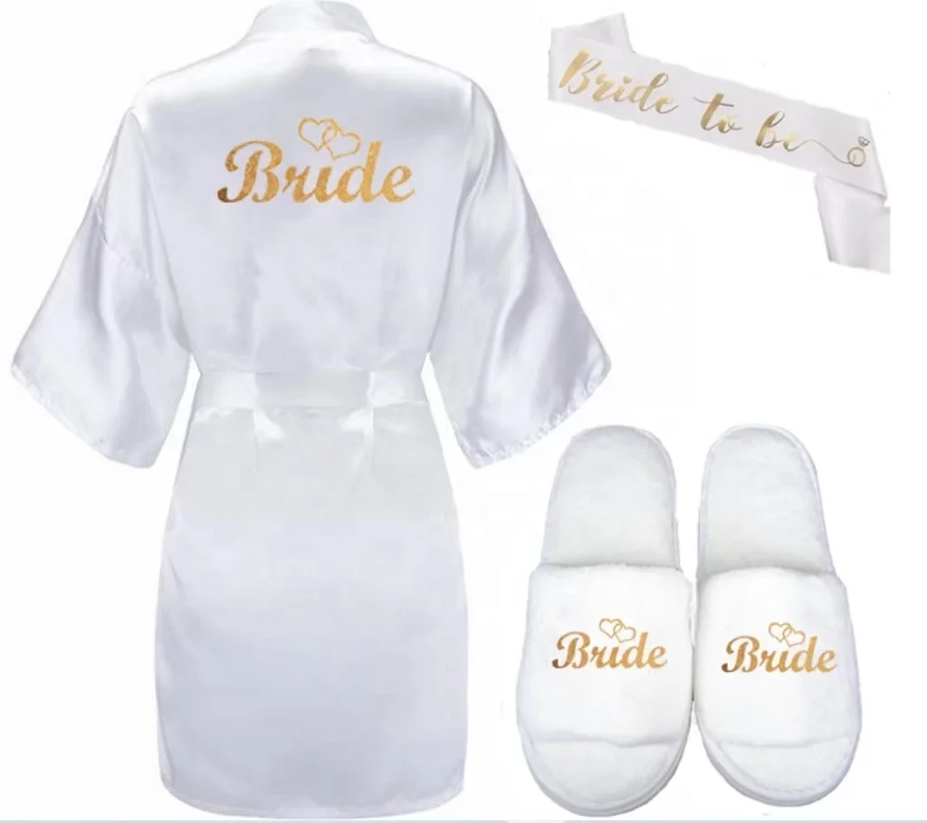 

3pc set of glitter gold bride satin short bride robe slippers bridal sash peignoir rose gold women Bridal Party 2019 kimono robe, 13colors