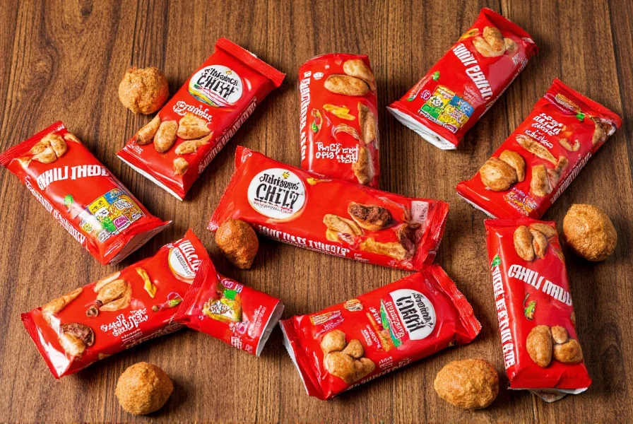 Assortment of different chili crisp brands on wooden table
