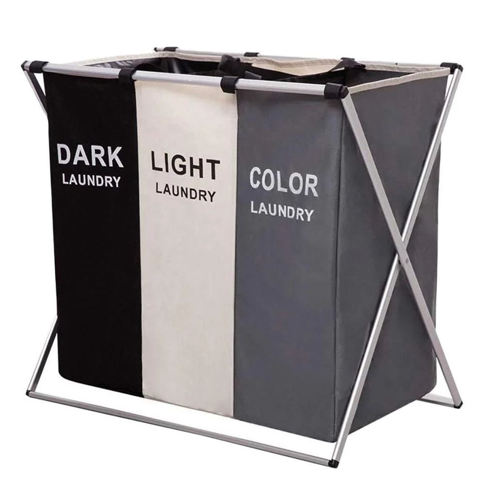 

Home 3 Sections Aluminum Frame Foldable Durable Dirty Clothes Laundry Hamper Basket laundry bag