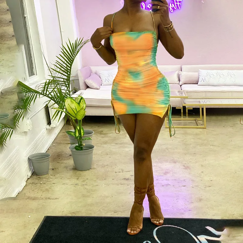 

2021 hot sale summer fashion tie-dyed printed pleated mini length ladies women casual sexy dress
