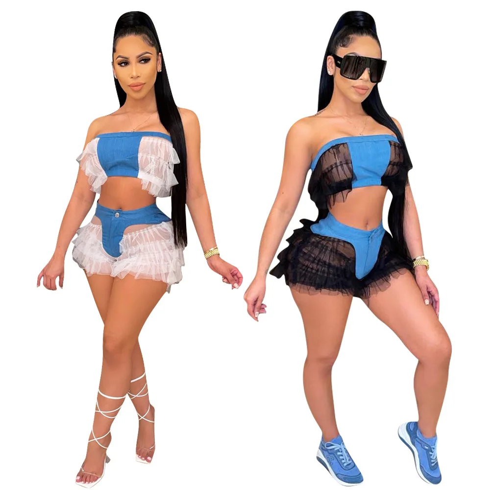 

2021 Summer Sleeveless Two Piece Set Women 2 Piece Short Set Individual Patchwork Strapless Crop Top And Short Set