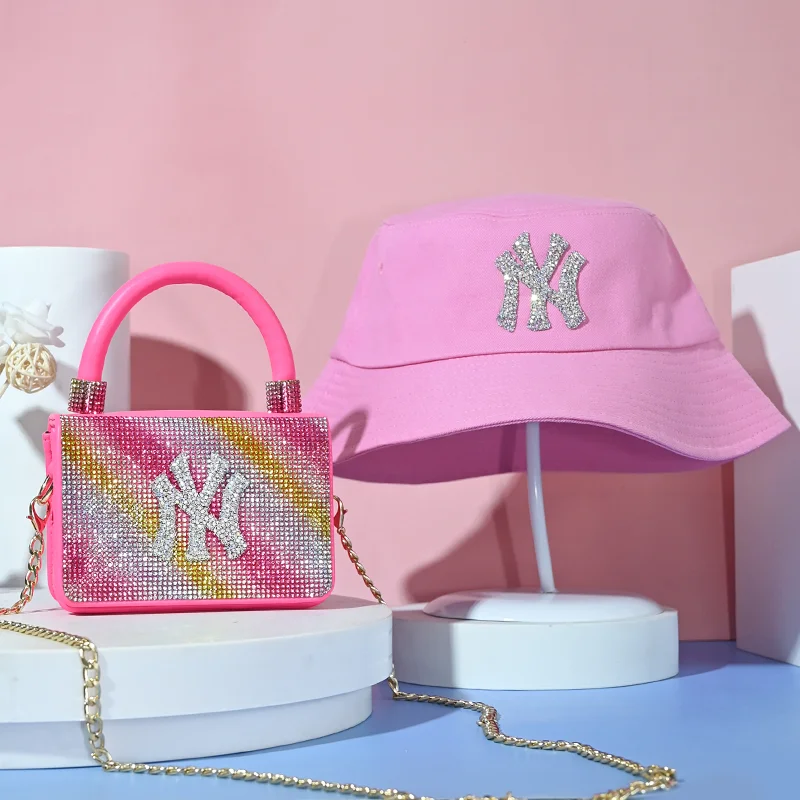 

Trendy Glitter Colourful Designer Ny Bucket Hat And Purse Set Women Hand bags